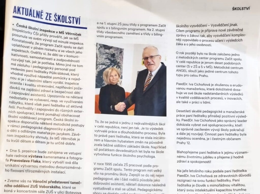Gratulace paní ředitelce ZŠ a MŠ Angel